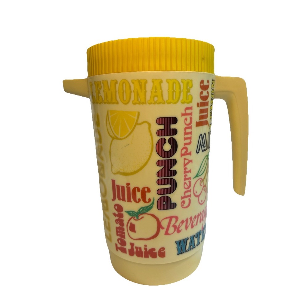 Vintage ALLADINWARE Yellow W/ Drink Choices Retro 2-1/4 Qt  Pitcher Tea Juice
